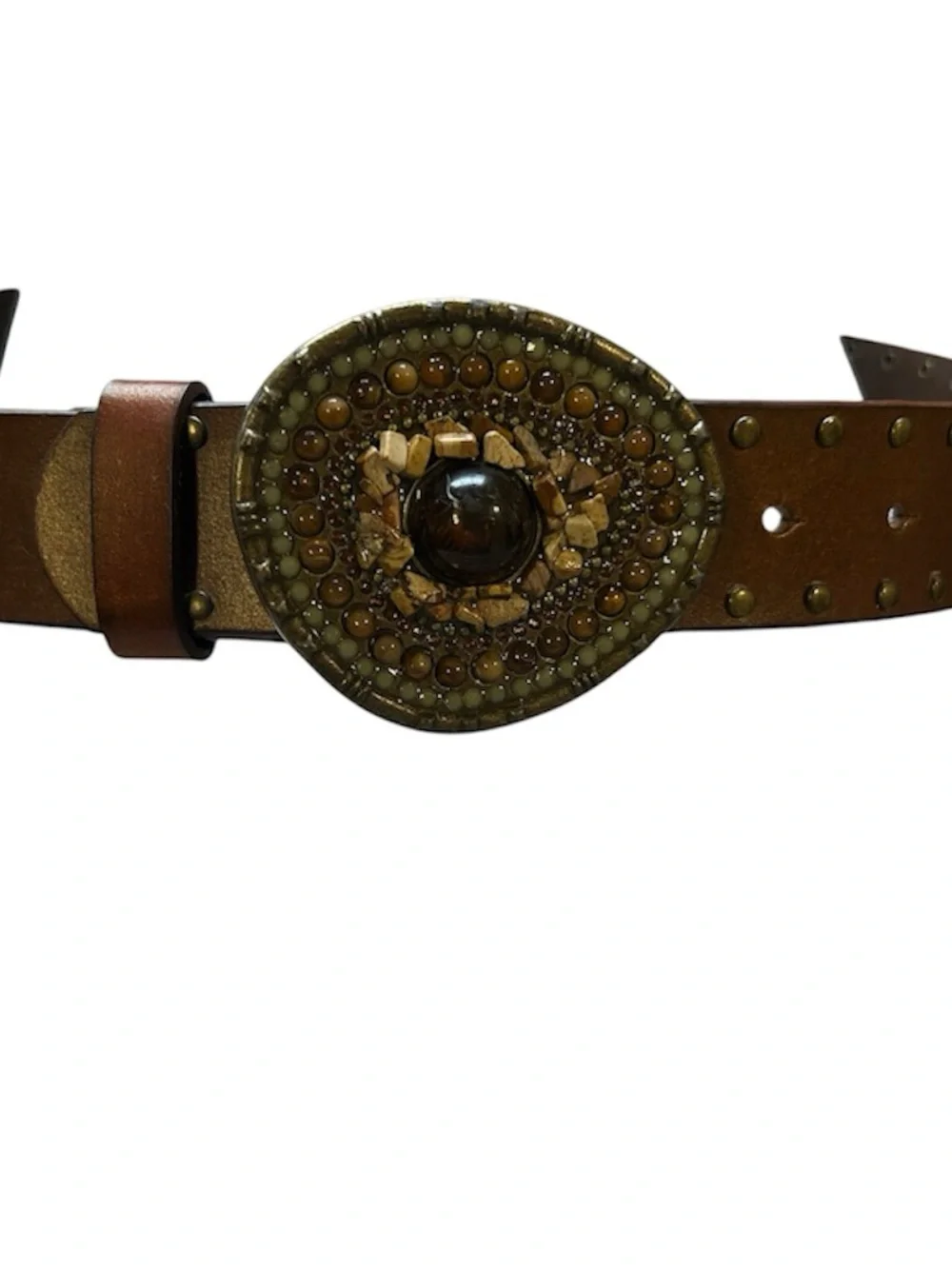 CAbi Vintage 2004 Boho Studded Brown Leather Belt Mosaic Stone Inlay Buckle